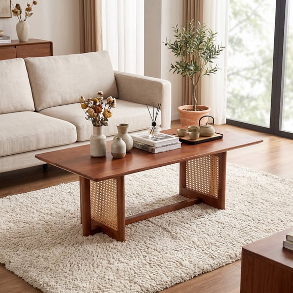 iooHug 47.24 Inch Rectangular Imitation Rattan Wood Coffee Table Low Profile Accent Table,small family living room tea table