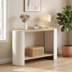iooHug 48 Inch Modern Double-Tier Oval Modular Side Table, Wood Veneer MDF End Table for Living Room Entryway