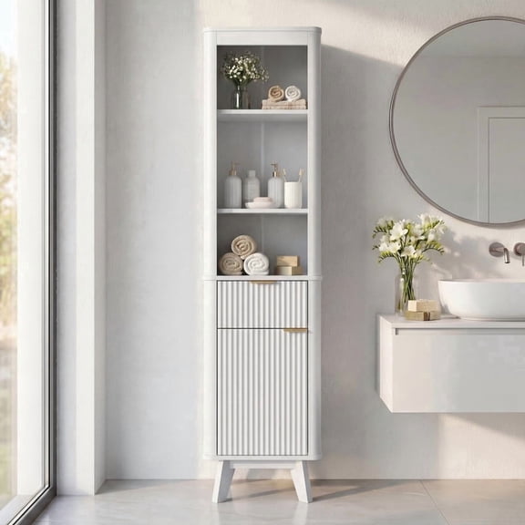 iooHug 68" H Tall Slim Storage Cabinet, Freestanding Linen Tower with Drawer and Adjustable Shelf for Bathroom Entryway Kitchen, White