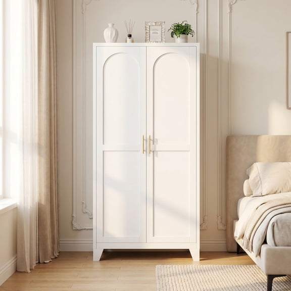 iooHug 70.87" Modern Arched Double Door Steel Storage Cabinet, Adjustable 5-Tier Shelf Tall Pantry Closet for Kitchen Bedroom Office Family Use(White)