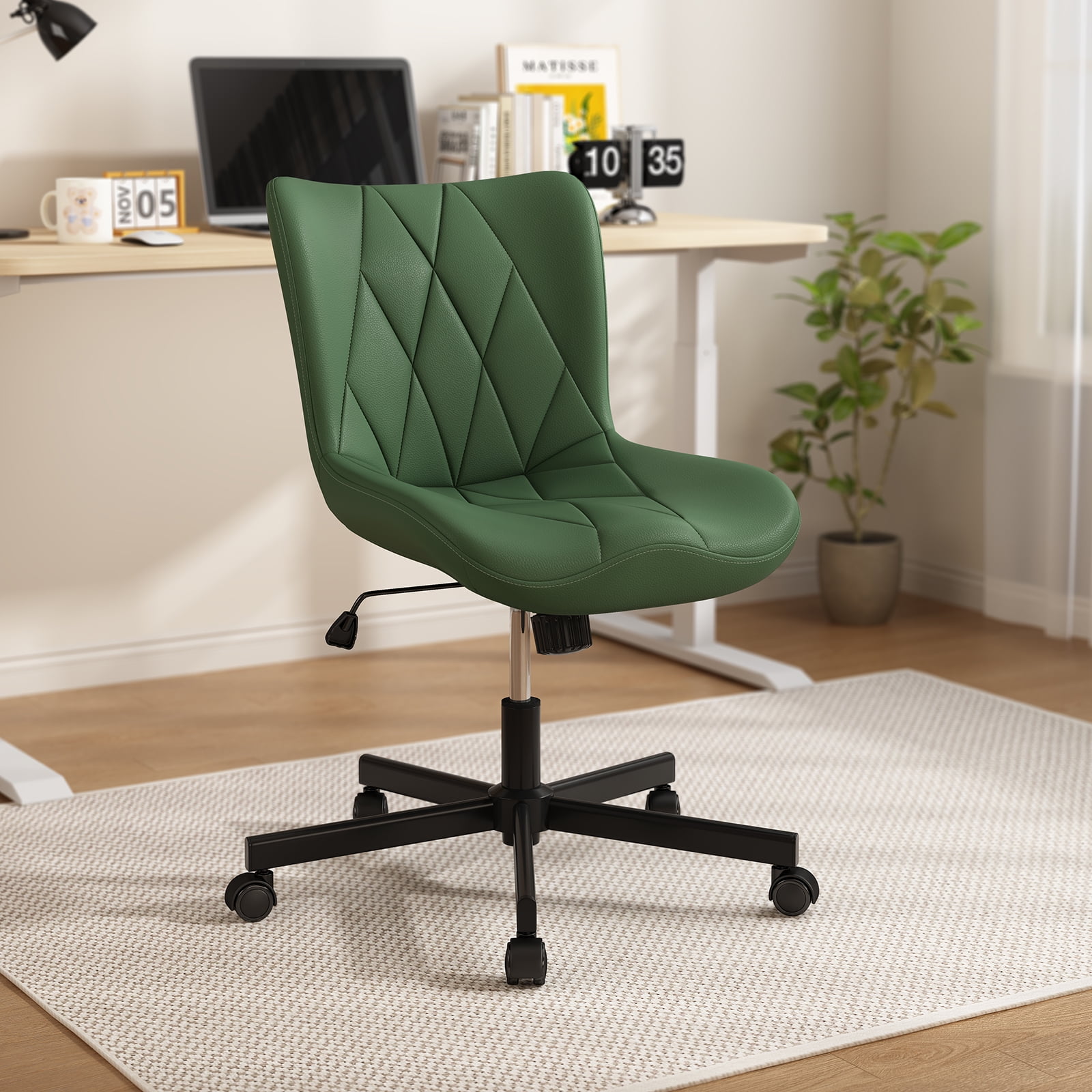 iooHug Armless Office Chair, PU Leather Small Computer Desk Chair with Wheels, Adjustable Swivel Vanity Chair with Memory Foam Cushion, No Arms Task Chair for Home Office, Bedroom, Green