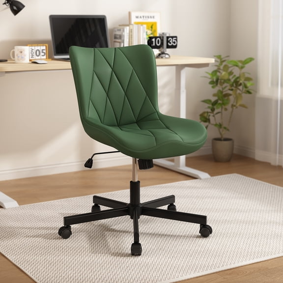 iooHug Armless Office Chair, PU Leather Small Computer Desk Chair with Wheels, Adjustable Swivel Vanity Chair with Memory Foam Cushion, No Arms Task Chair for Home Office, Bedroom, Green