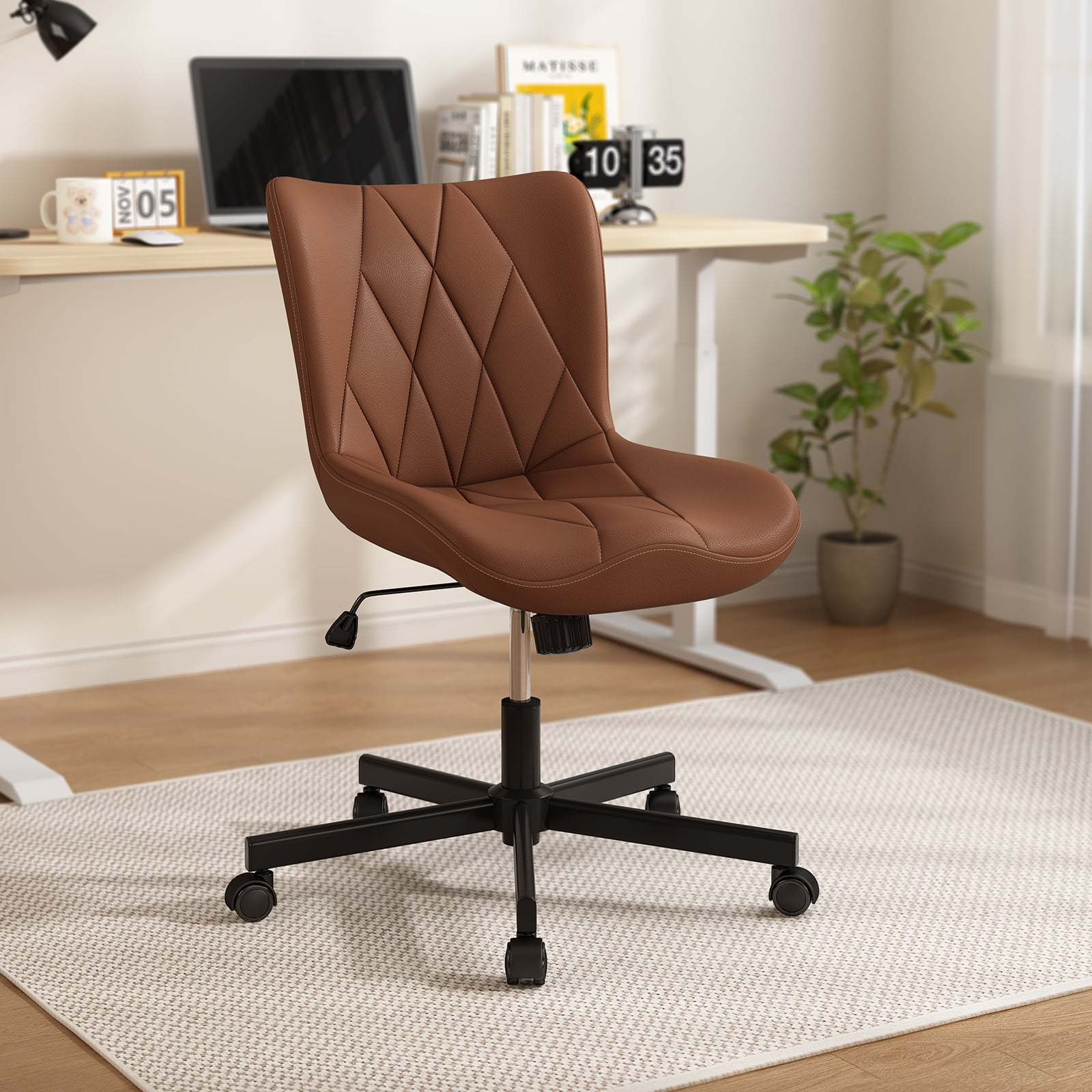 iooHug Armless Office Chair, PU Leather Small Computer Desk Chair with Wheels, Adjustable Swivel Vanity Chair with Memory Foam Cushion, No Arms Task Chair for Home Office, Bedroom, Brown