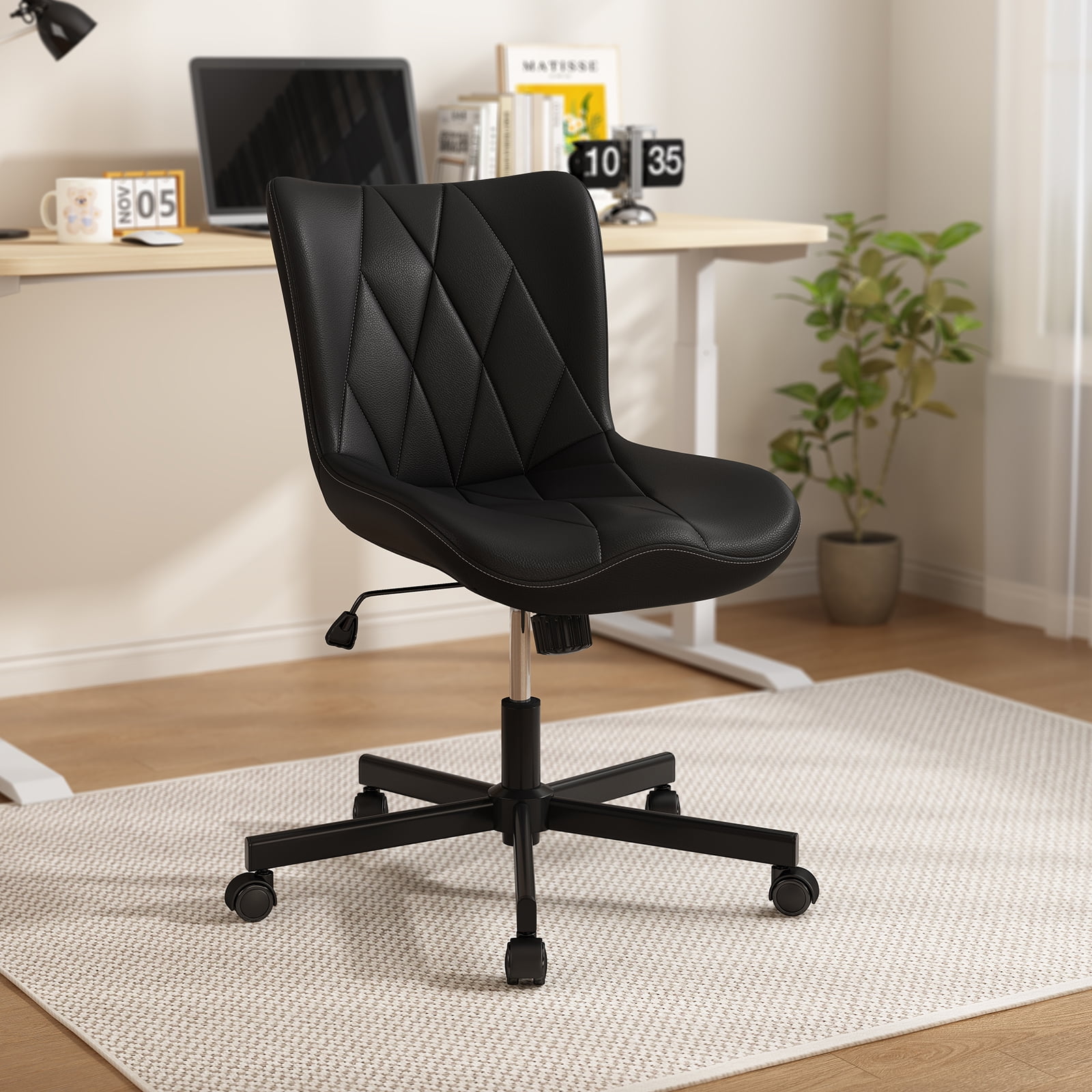 iooHug Armless Office Chair, PU Leather Small Computer Desk Chair with Wheels, Adjustable Swivel Vanity Chair with Memory Foam Cushion, No Arms Task Chair for Home Office, Bedroom, Black