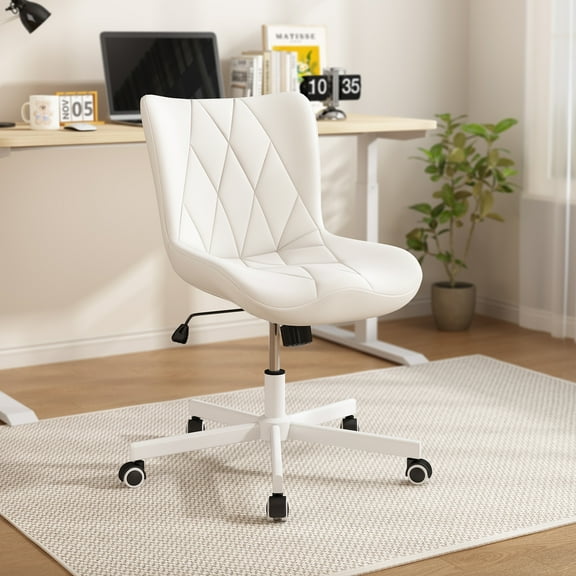 iooHug Armless Office Chair, PU Leather Small Computer Desk Chair with Wheels, Adjustable Swivel Vanity Chair with Memory Foam Cushion, No Arms Task Chair for Home Office, Bedroom, White