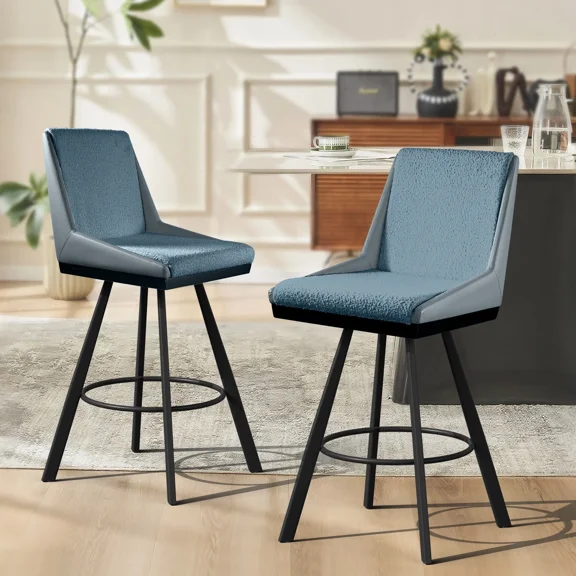 iooHug Bar Stools Set of 2, 26" Counter Height Bar Stools, Upholstered Swivel Barstools with Backs, Loop Yarn Fabric&Pu Leather, Metal Legs for Kitchen Island, Blue