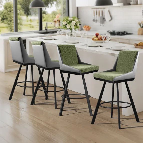 iooHug Bar Stools Set of 4, 26" Counter Height Bar Stools, Upholstered Swivel Barstools with Backs, Loop Yarn Fabric&Pu Leather, Metal Legs for Kitchen Island, Green&Gray