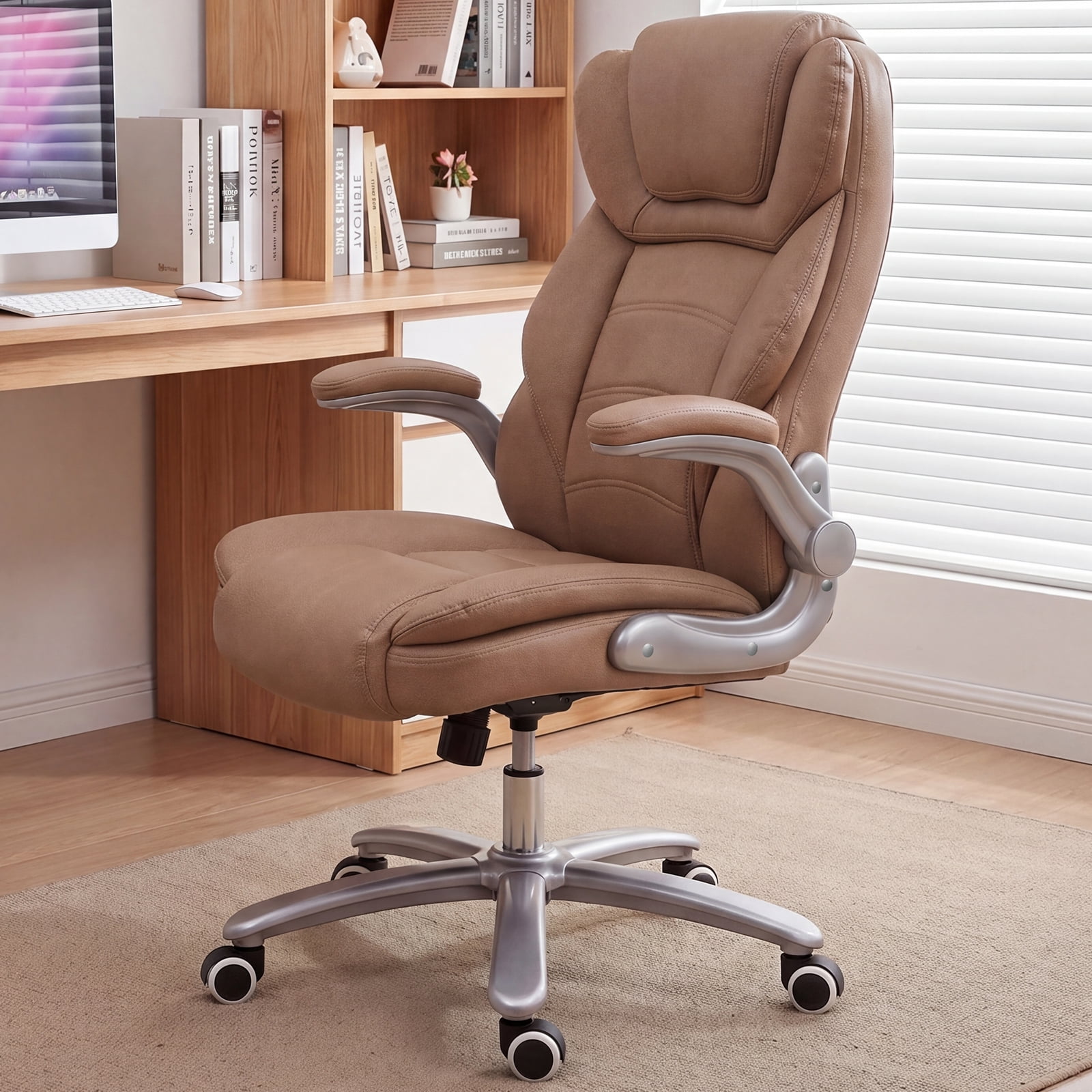 iooHug Big and Tall Office Chair 400lbs, Ergonomic Desk Chair with Lumbar Support, Flip-Up Arms, Faux Leather High Back Computer Chair for Home Office, Brown