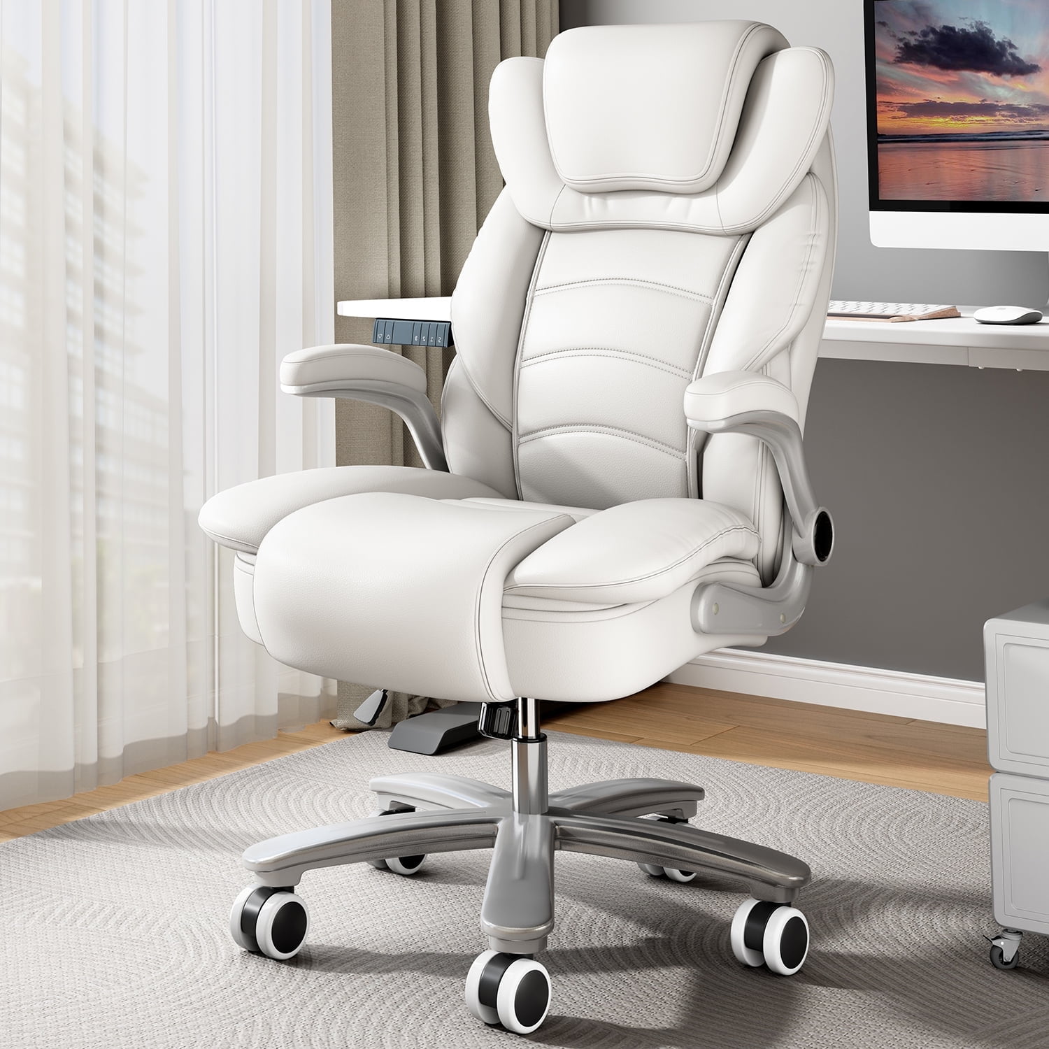 iooHug Big and Tall Office Chair 400lbs, Ergonomic Desk Chair with Lumbar Support, Flip-Up Arms, Faux Leather High Back Computer Chair for Home Office, White
