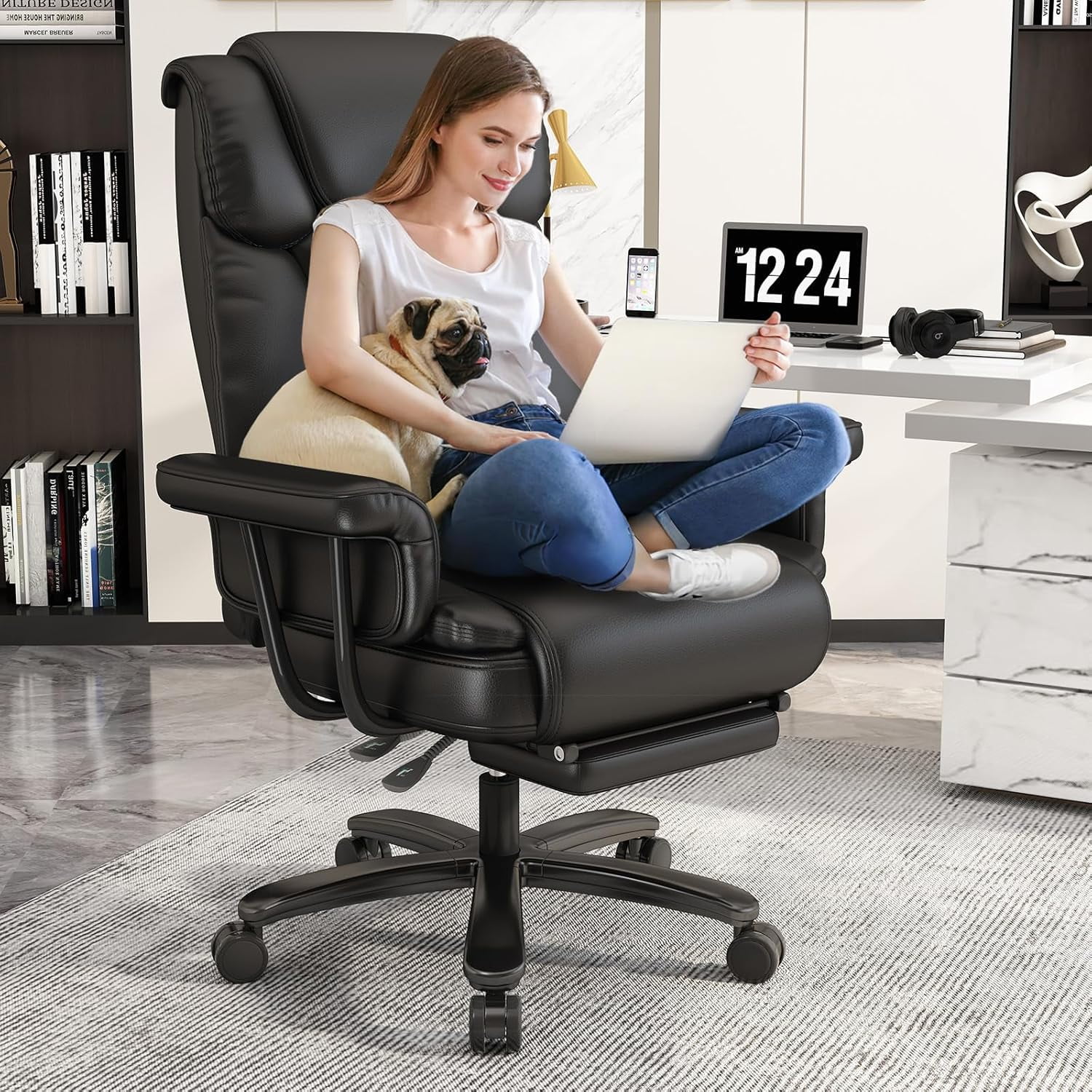iooHug Big and Tall Office Chair with Footrest, Ergonomic Desk Chair 400 LBS, High Back Reclining Office Chair, Executive Computer Chair for Home Office, Black