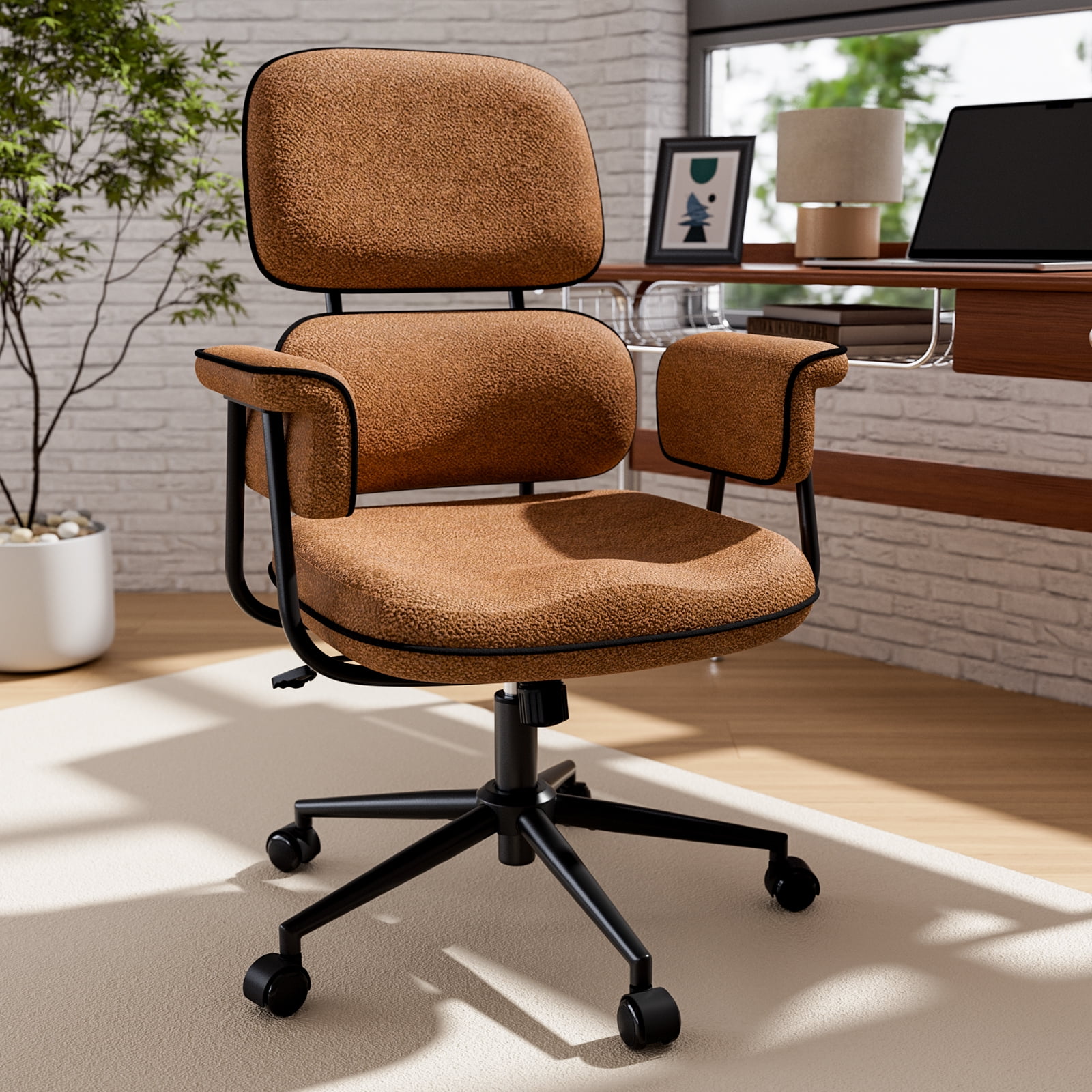 iooHug Brown Ergonomic Office Chair with Memory Foam Seat, Granular Linen Fabric Desk Chair with Wide Armrests, Mid Century Modern Home Office Computer Chair, 400 lbs