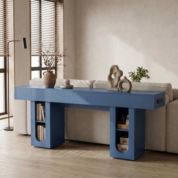 iooHug Console Table Made of MDF, Built-in Power Outlet & Adjustable Side Shelves, Long Sofa Table for Living Room Entryway(Blue)