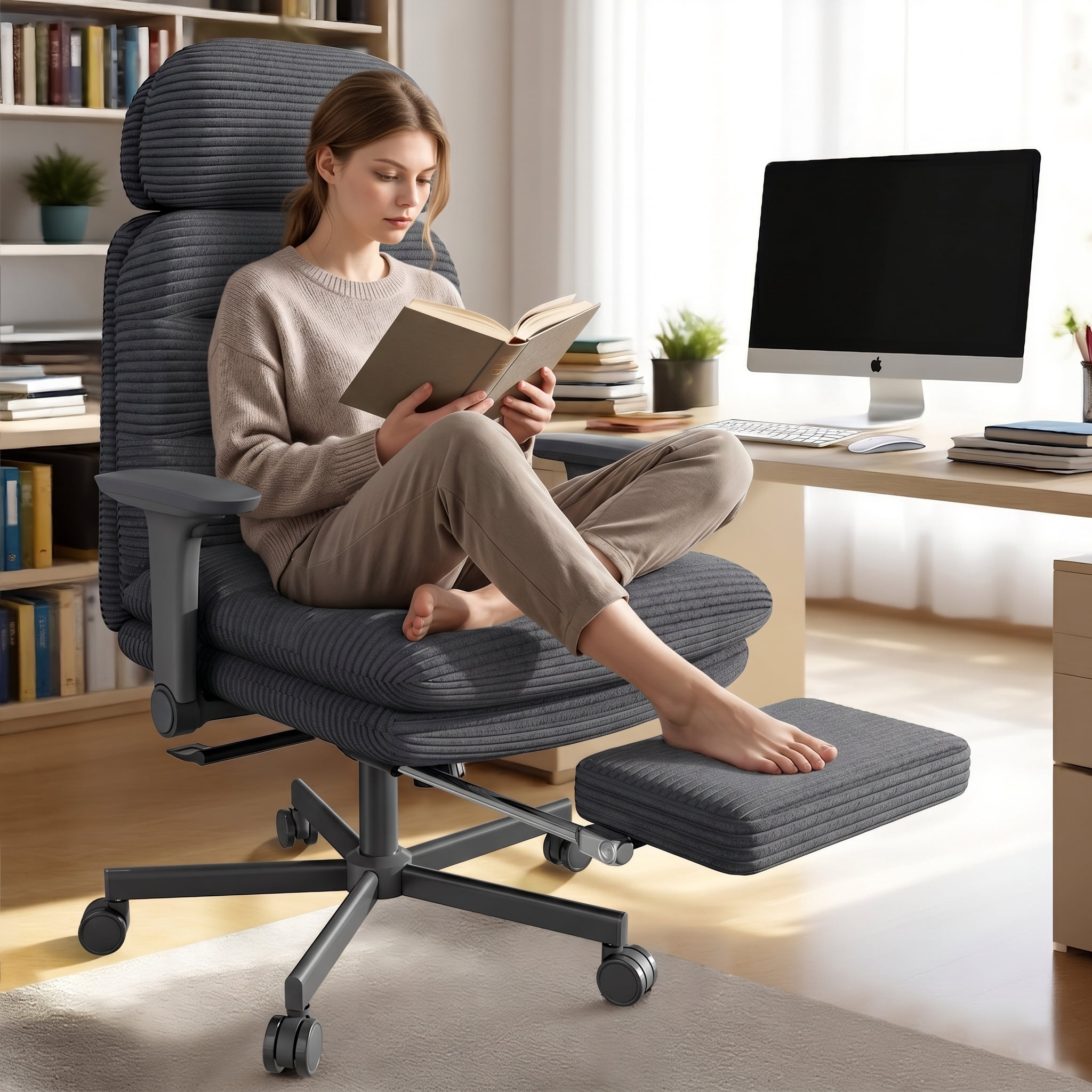 iooHug Cross Legged Office Chair with Footrest & 4D Flip-up Armrests, Criss Cross Home Desk Chair, Ergonomic Recliner with Lumbar Pillow, Corduroy Executive Chair with Adjustable Headrest, Black
