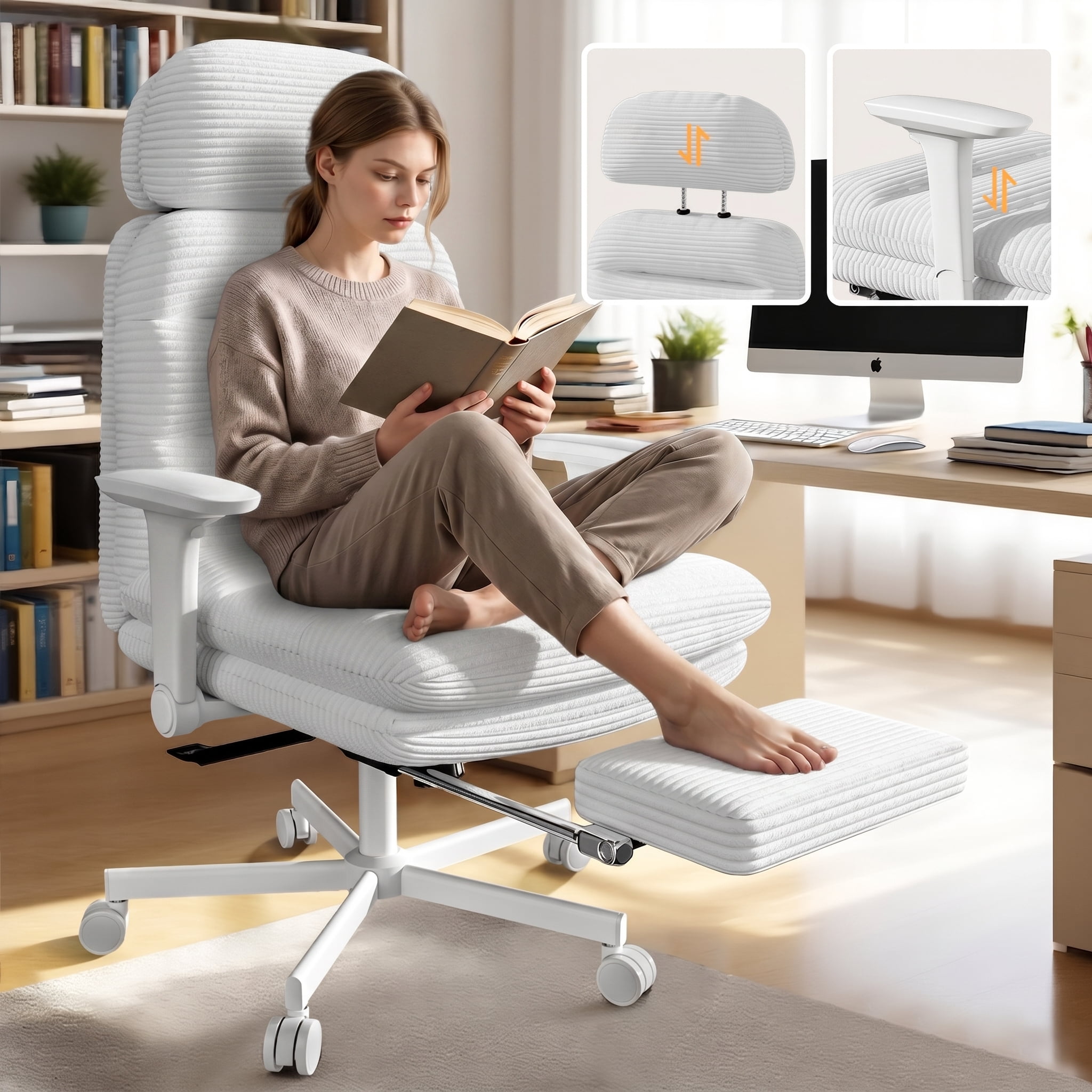 iooHug Cross Legged Office Chair with Footrest & 4D Flip-up Armrests, Criss Cross Home Desk Chair, Ergonomic Recliner with Lumbar Pillow, Corduroy Executive Chair with Adjustable Headrest, White