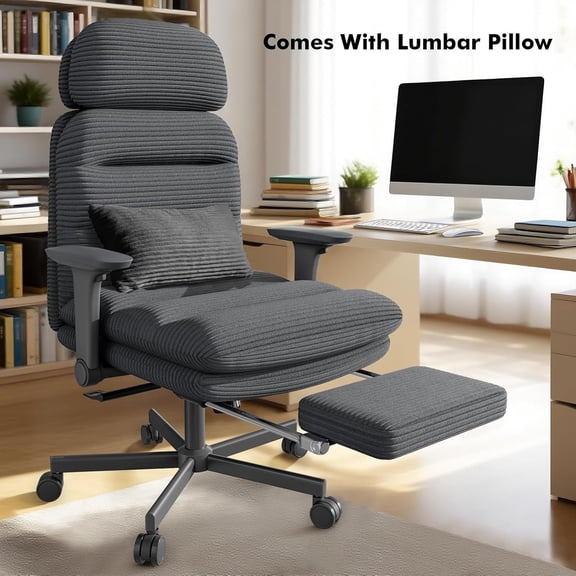 iooHug Cross Legged Office Chair with Footrest & 4D Flip-up Armrests, Criss Cross Home Desk Chair, Ergonomic Recliner with Lumbar Pillow, Corduroy Executive Chair with Adjustable Headrest, Black