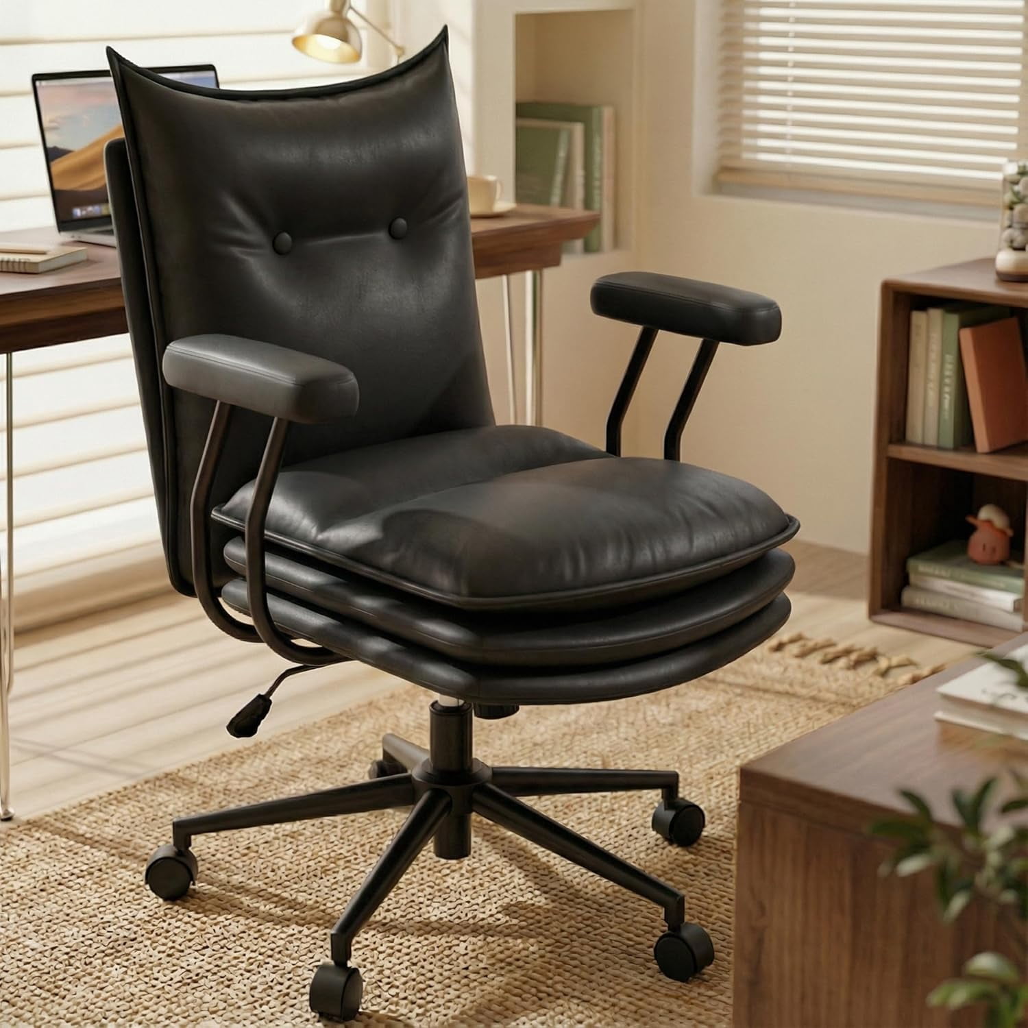iooHug Ergonomic Black Office Chair, PU Leather Desk Chair with Thick Cushioned Seat, Mid Back Swivel Office Chair for Home Office & Study, Adjustable Height, 300 LBS