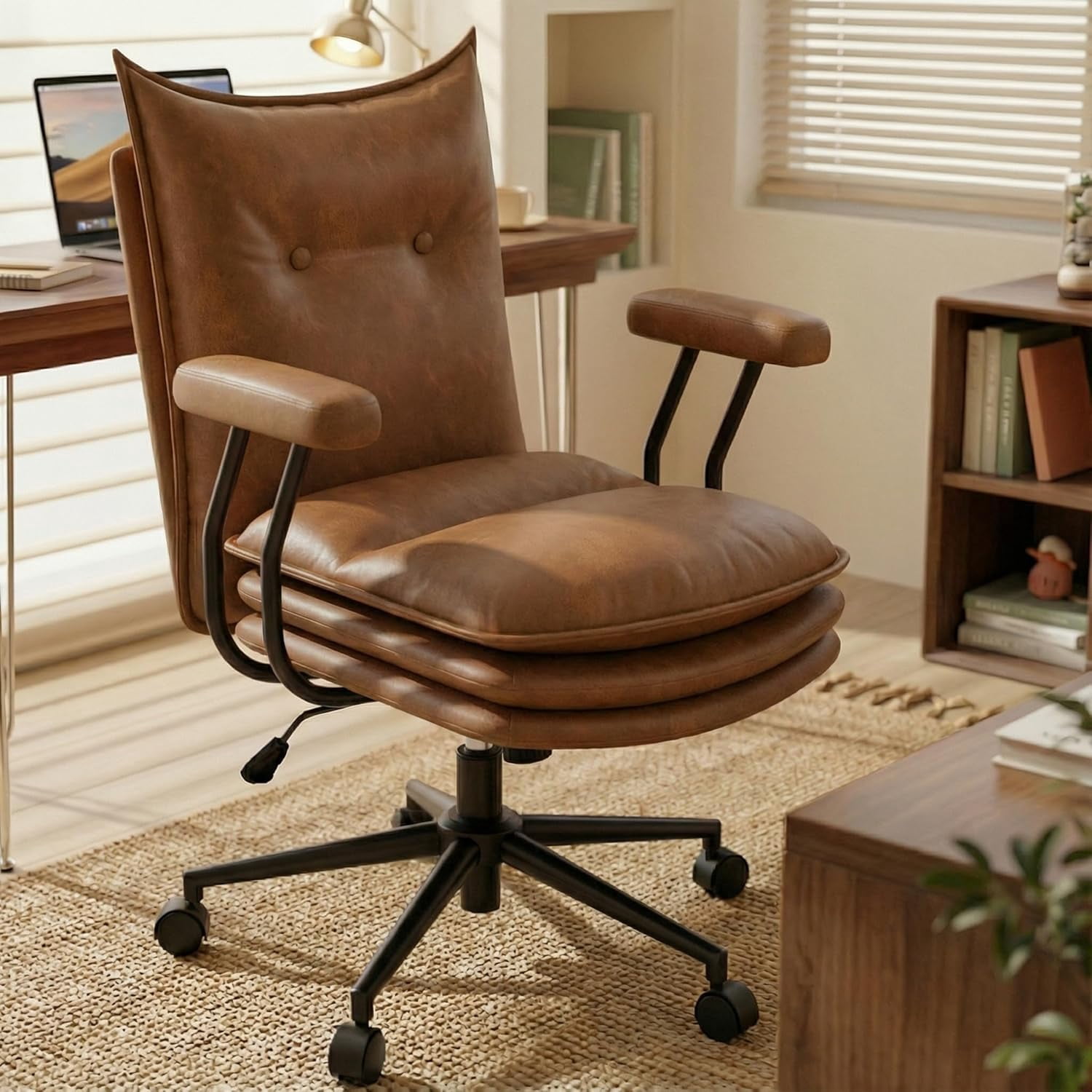 iooHug Ergonomic Brown Office Chair, PU Leather Desk Chair with Thick Cushioned Seat, Mid Back Swivel Office Chair for Home Office & Study, Adjustable Height, 300 LBS