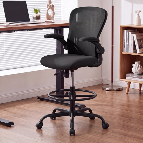 iooHug Ergonomic Drafting Chair for Standing Desk, Tall Office Chair with Adjustable Foot Ring & Flip-Up Armrest, Lumbar Support, 330LBS Capacity for Art Studio, Drafting Table & Lab, Black