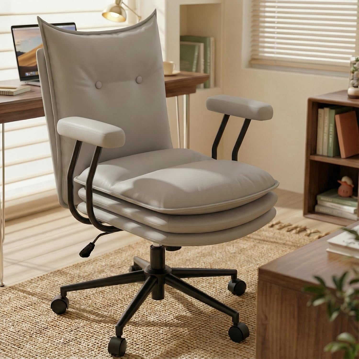 iooHug Ergonomic Gray Office Chair, PU Leather Desk Chair with Thick Cushioned Seat, Mid Back Swivel Office Chair for Home Office & Study, Adjustable Height, 300 LBS