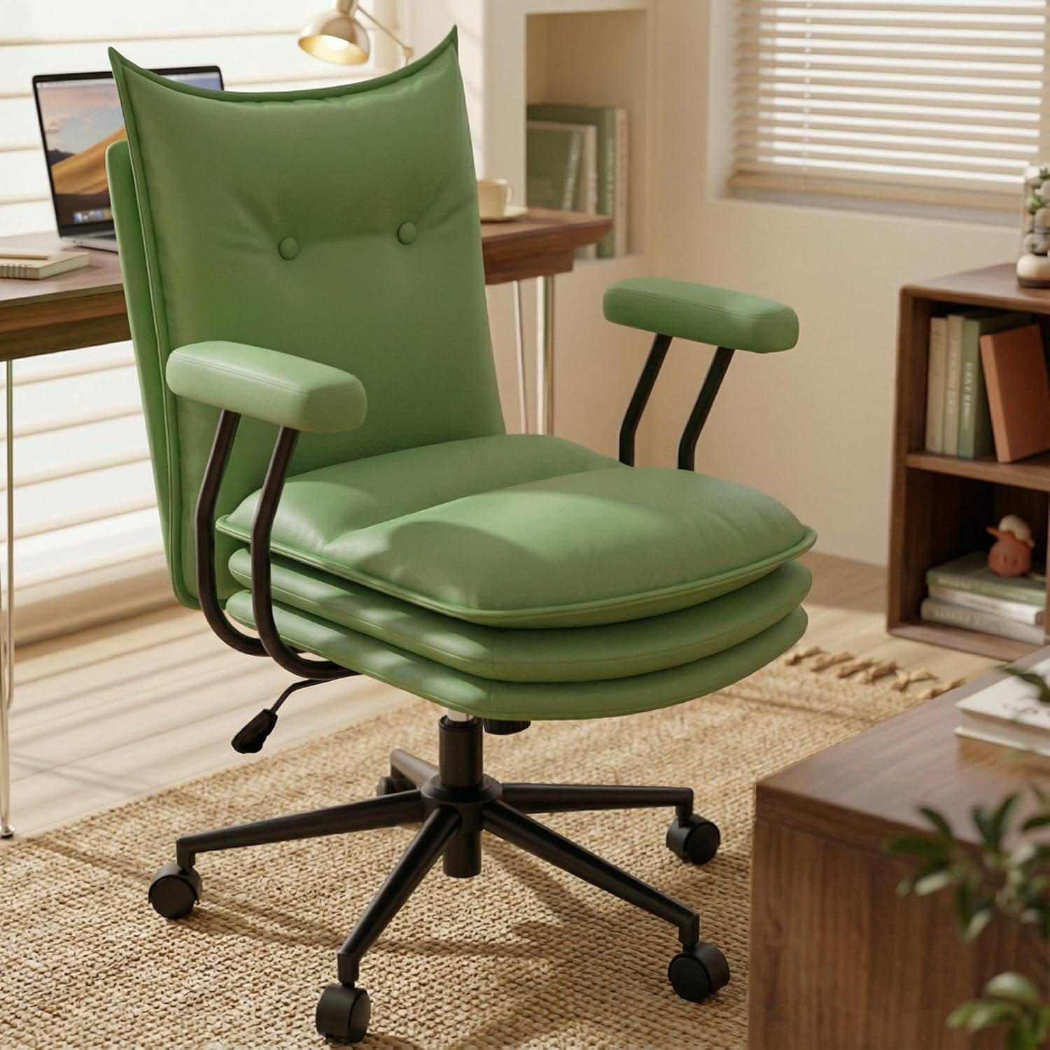 iooHug Ergonomic Green Office Chair, PU Leather Desk Chair with Thick Cushioned Seat, Mid Back Swivel Office Chair for Home Office & Study, Adjustable Height, 300 LBS