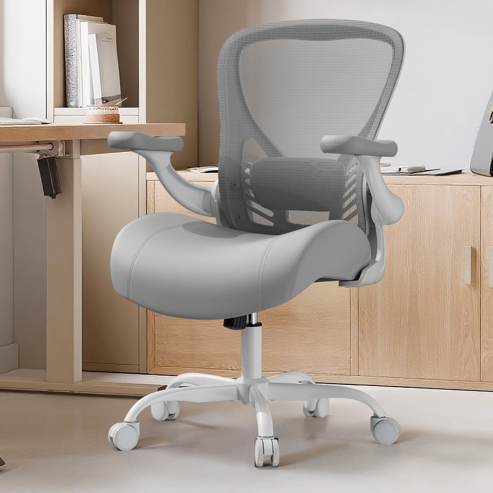 iooHug Ergonomic Home Office Desk Chair with Breathable Mesh Back, Molded PU Leather Seat, Rolling Computer Chair with 3D Flip-Up Arms, Adjustable Lumbar Support, Gray