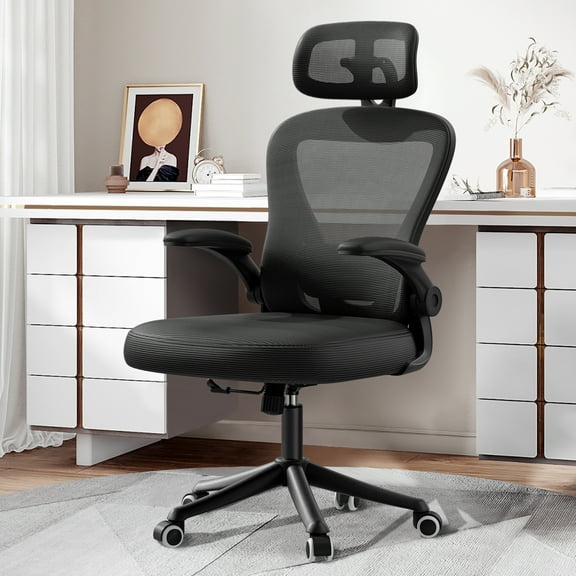 iooHug Ergonomic Mesh Office Chair with Adjustable Lumbar Support, Computer Desk Chair with Headrest, Flip-Up Arms, Black
