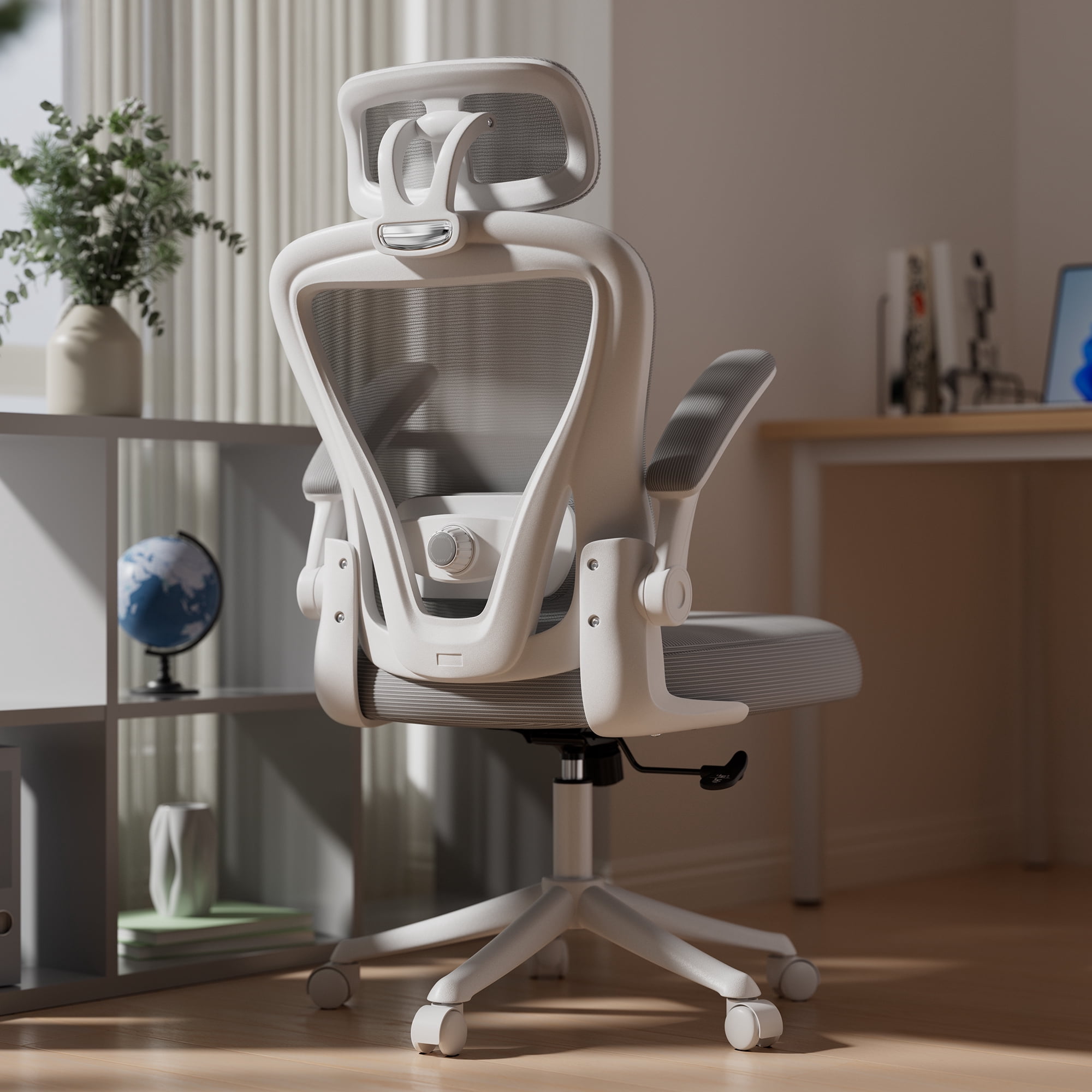 iooHug Ergonomic Mesh Office Chair with Adjustable Lumbar Support, Computer Desk Chair with Headrest, Flip-Up Arms, White Gray