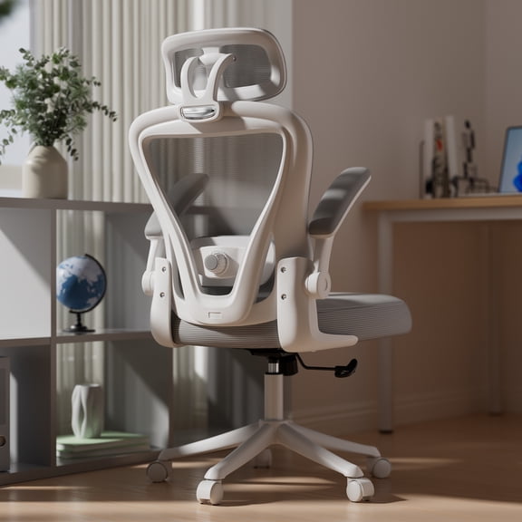 iooHug Ergonomic Mesh Office Chair with Adjustable Lumbar Support, Computer Desk Chair with Headrest, Flip-Up Arms, White Gray