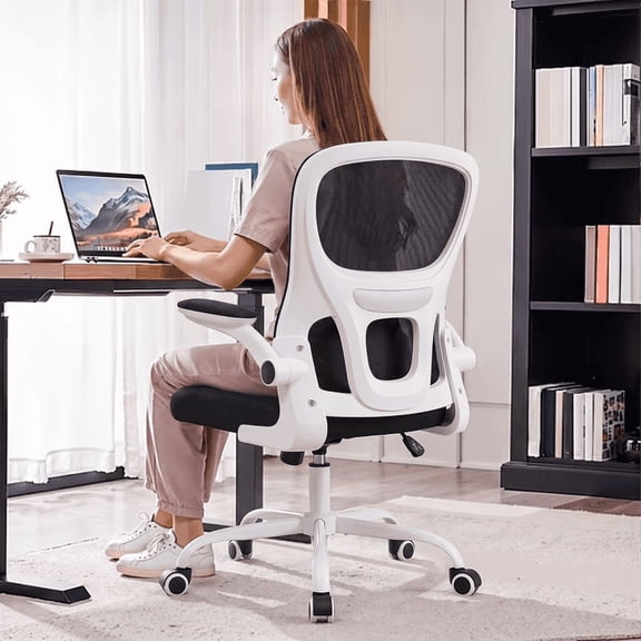iooHug Ergonomic Office Chair, Mesh Computer Desk Chair with Adjustable Lumbar Support & Flip-Up Arms, Comfy Rolling High Back Task Chair for Home Office Study, White & Black