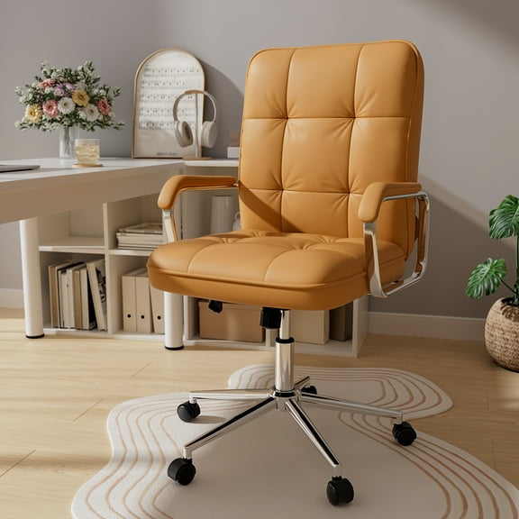 iooHug Ergonomic Office Chair with Padded Arms, Swivel Faux Leather Desk Chair, Comfortable Computer Chair for Home Office, Brown