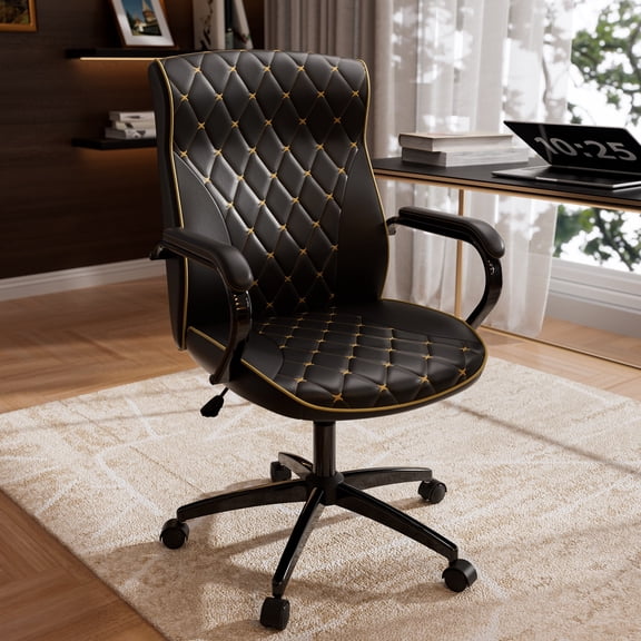 iooHug Ergonomic PU Leather Office Chair, Executive Desk Chair with Diamond Quilted, Swivel Computer Chair with Lumbar Support & Rocking Function for Home Office, All Black