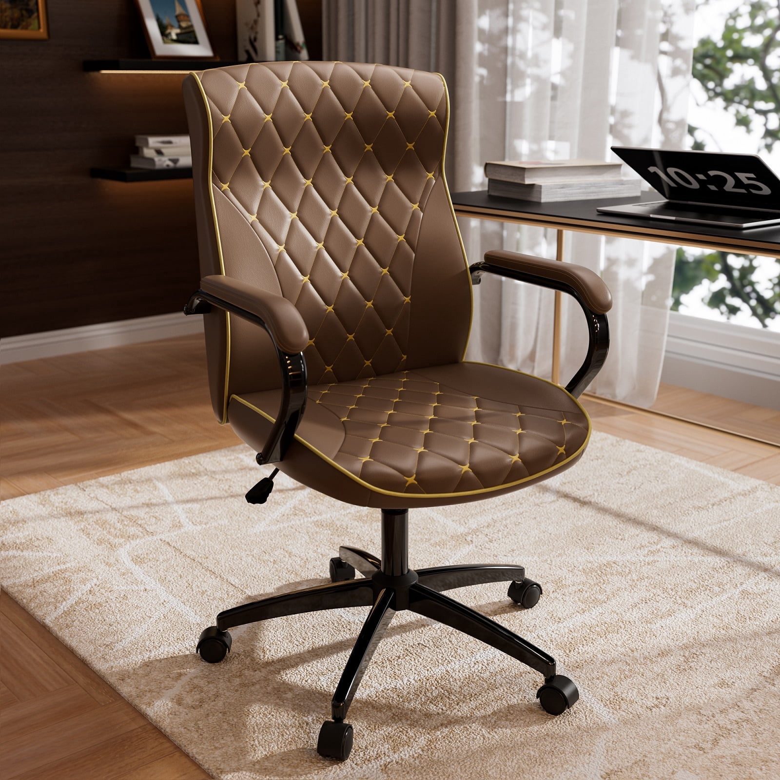 iooHug Ergonomic PU Leather Office Chair, Executive Desk Chair with Diamond Quilted, Swivel Computer Chair with Lumbar Support & Rocking Function for Home Office, Brown
