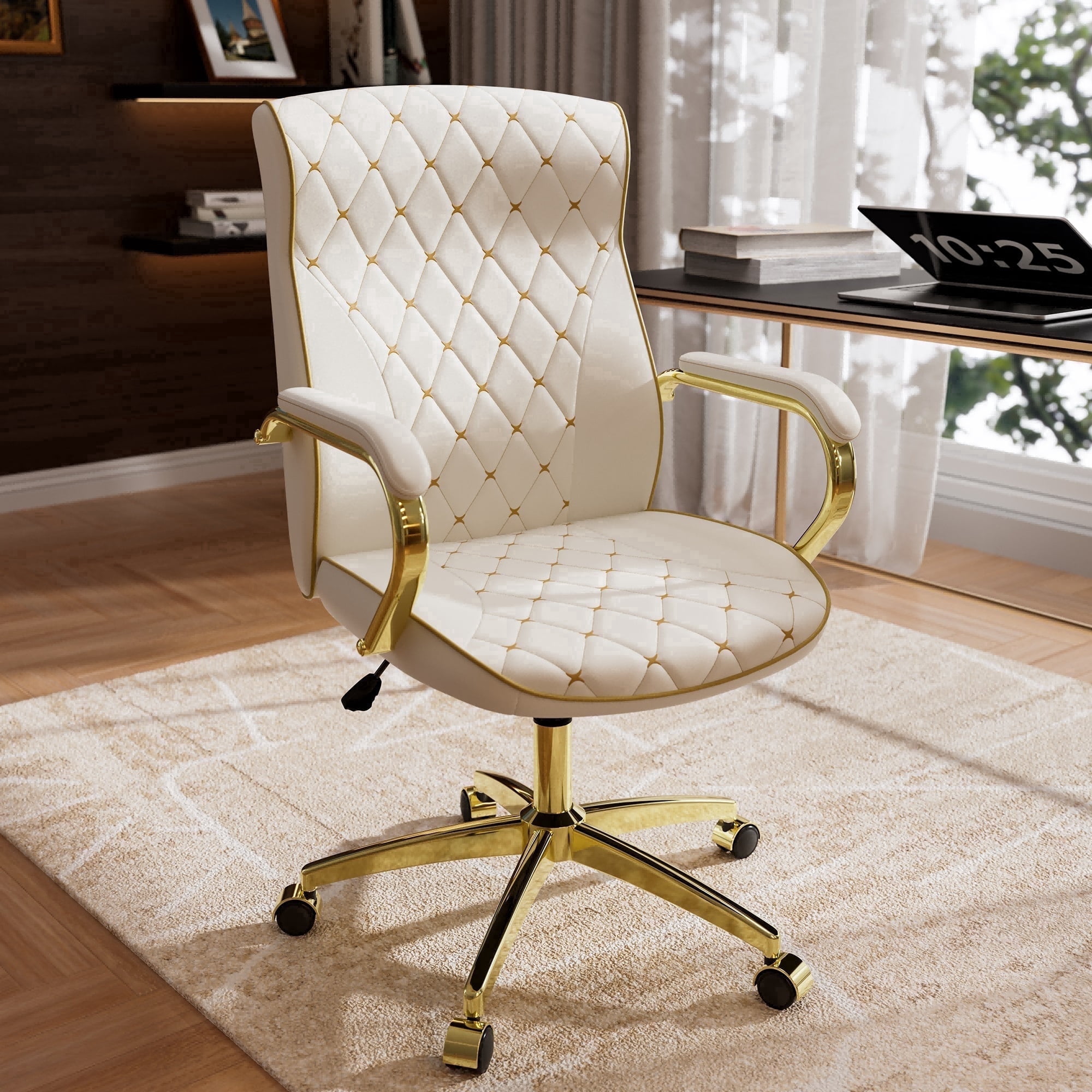 iooHug White and Gold Office Chair with Soft Leather Embroidery, MidBack Vintage Swivel Executive Desk Chair with Wheels andPadded Arms，Ergonomic PU Leather Office Chair,