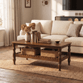 thumbnail image 1 of iooHug HomeHaven Turned Leg Two Tier Coffee Table, Wave Edge Storage Shelf Wooden Center Table for Living Room,Antique brown, 1 of 7