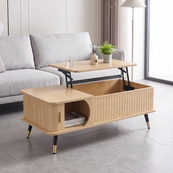 iooHug Lift Top Coffee Table, 39.37 Inch Mid‑Century Wood Grain Coffee Table with Hidden & Side Storage, Multi‑Functional Center Table for Living Room,Natural