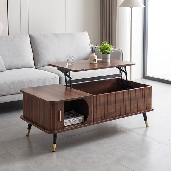 iooHug Lift Top Coffee Table, 39.37 Inch Mid‑Century Wood Grain Coffee Table with Hidden & Side Storage, Multi‑Functional Center Table for Living Room,Walnut