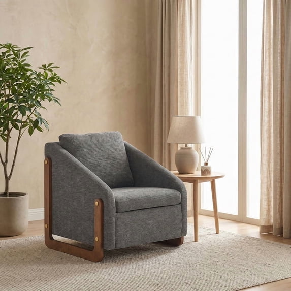 iooHug Mid-Century Chenille Upholstered Accent Chair, 250lbs Arm Chair with Wooden Frame for Living Room, Bedroom(Gray)