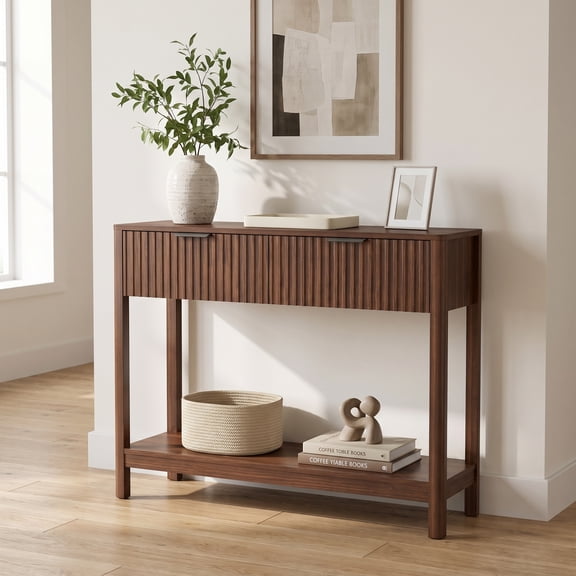 iooHug Mid-Century Fluted Console Table with 2 Drawers, Walnut Finish, Narrow Entryway Table for Small Spaces