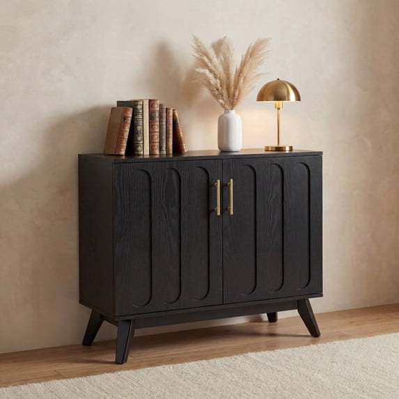 iooHug Mid-Century Modern Fluted Sideboard Cabinet with Adjustable Shelves & Solid Wood Legs, Black Storage Cabinet for Living Room, Entryway