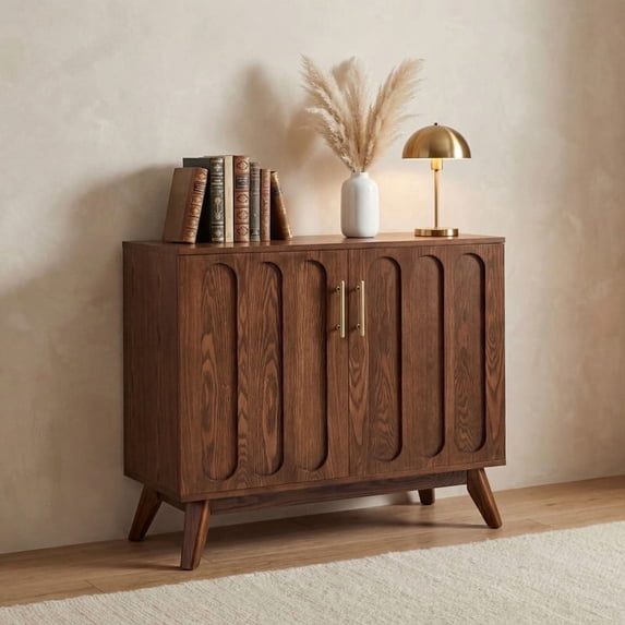 iooHug Mid Century Modern 2-Door Accent Cabinet with 2 Adjustable Shelves & Solid Wood Legs, Walnut Sideboard for Living Room, Entryway, Dining Room, Kitchen