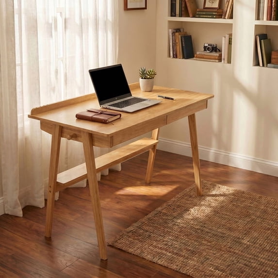 iooHug Mid Century Modern Solid Wood Writing Desk, Home Office Desk with 2 Drawers, Storage Shelf and Side Hooks for Bedroom & Small Space