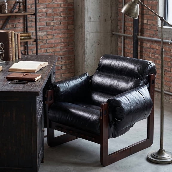 iooHug Mid-Century Oil Wax Leather Accent Chair, Rubberwood Frame Arm Chair for Living Room, Bedroom, Small Spaces(Antique Black)