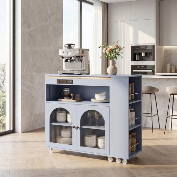 iooHug Mobile Kitchen Island, Rolling Storage Cart with LED Light & Power Outlet, Fluted Glass Door, Adjustable Storage for Kitchen Dining Room