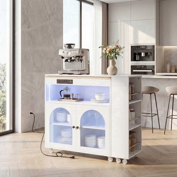 iooHug Mobile Kitchen Island, Rolling Storage Cart with LED Light & Power Outlet, Fluted Glass Door, Adjustable Storage for Kitchen Dining Room
