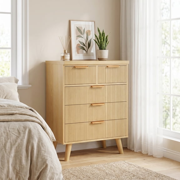 iooHug Natural Wood 5-Drawer Chest, Modern Vertical Dresser with Wave Pattern & Metal Handles for Bedroom, Closet, Small Spaces