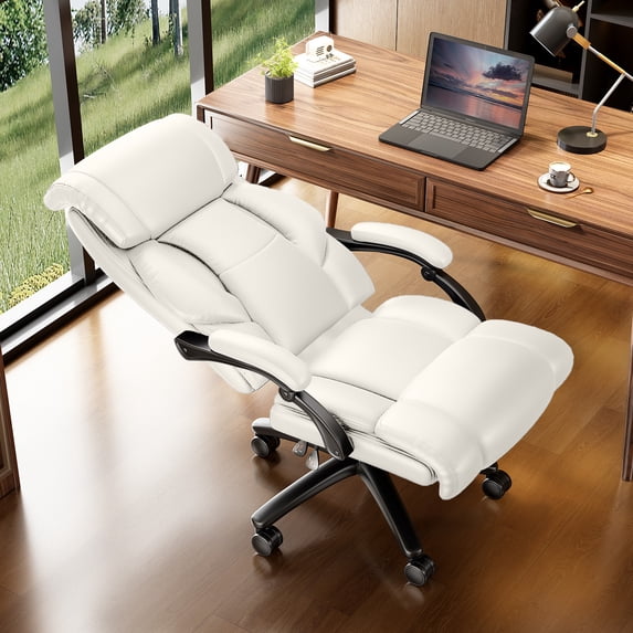 iooHug Reclining Executive Office Chair, Big and Tall Desk Chair with Wide Seat, High Back Ergonomic Computer Chair, Heavy Duty Faux Leather Recliner for Home Office, 400lbs, White