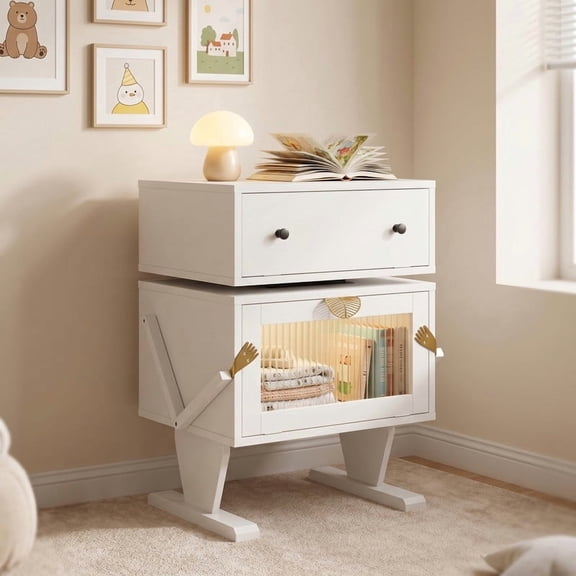 iooHug Robot Design Nightstand with LED Light, 20.7" Wide Modern End Table with Drawer and Cabinet for Bedroom