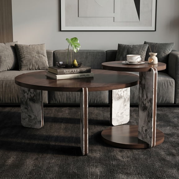 iooHug Round Nesting Coffee Table Set of 2, MDF & Sintered Stone Side Tables for Living Room, Bedroom.