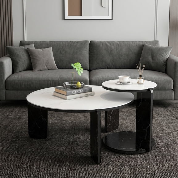 iooHug Round Nesting Coffee Table Set of 2, Sintered Stone & MDF Modern Side Tables for Living Room