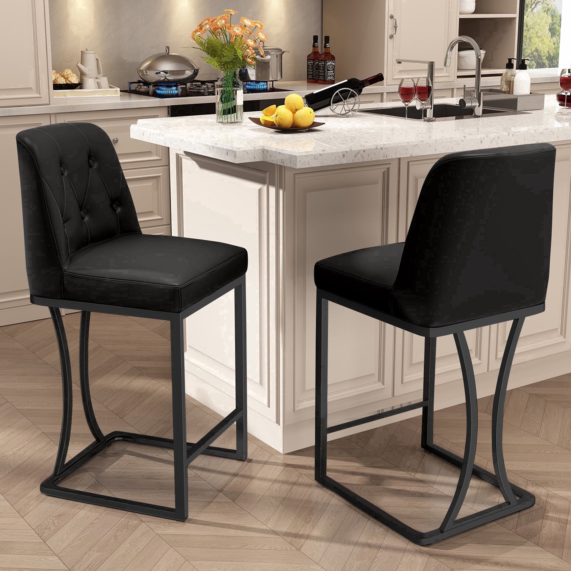 iooHug Set of 2 Black Bar Stools, 24" Counter Height Bar Stools, Faux Leather Bar Chairs with Back and Black Footrest, Modern Kitchen Island Stools for Dining Room or Bar Area